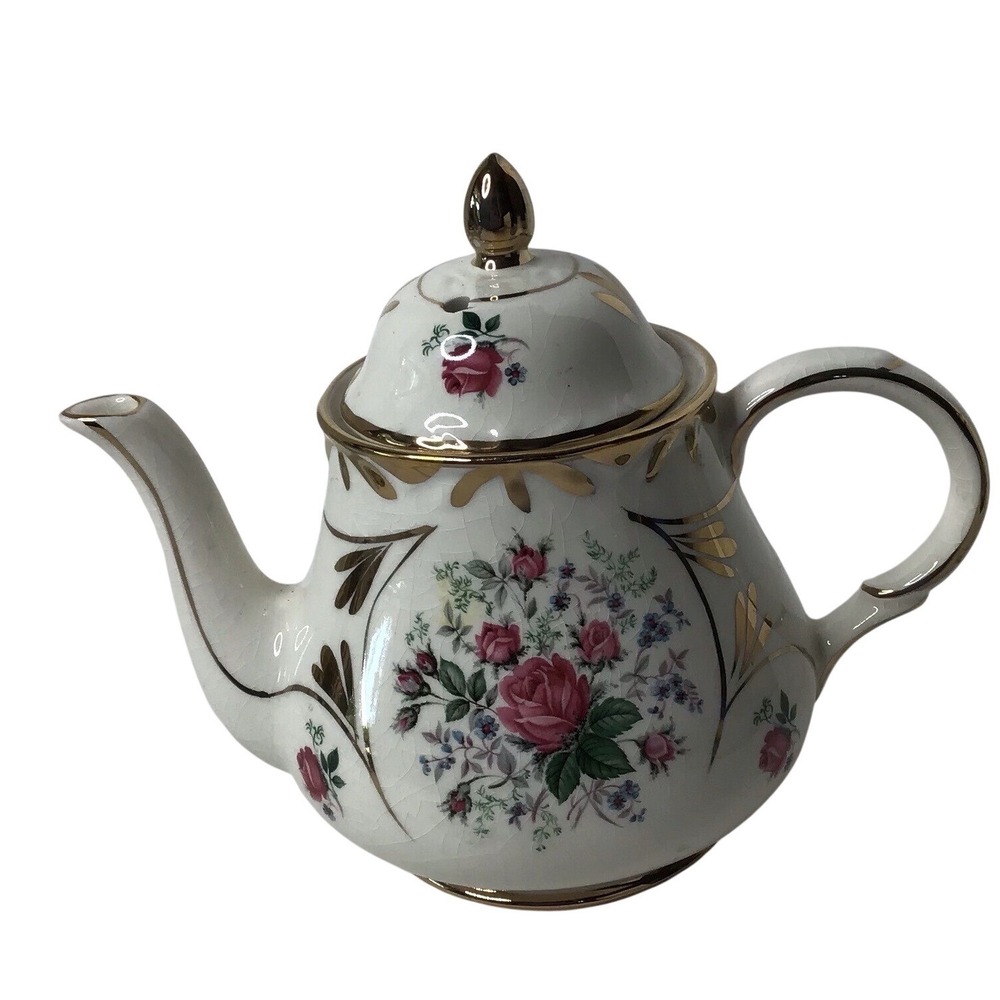 Arthur Wood Chatsworth No 4 Teapot England Pink‎ Roses Gold Trim Vintage Crazed